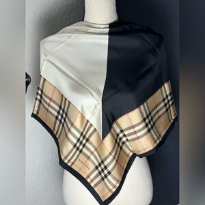 Burberry London Black and Cream Plaid Accent 100% Silk Scarf 34x34